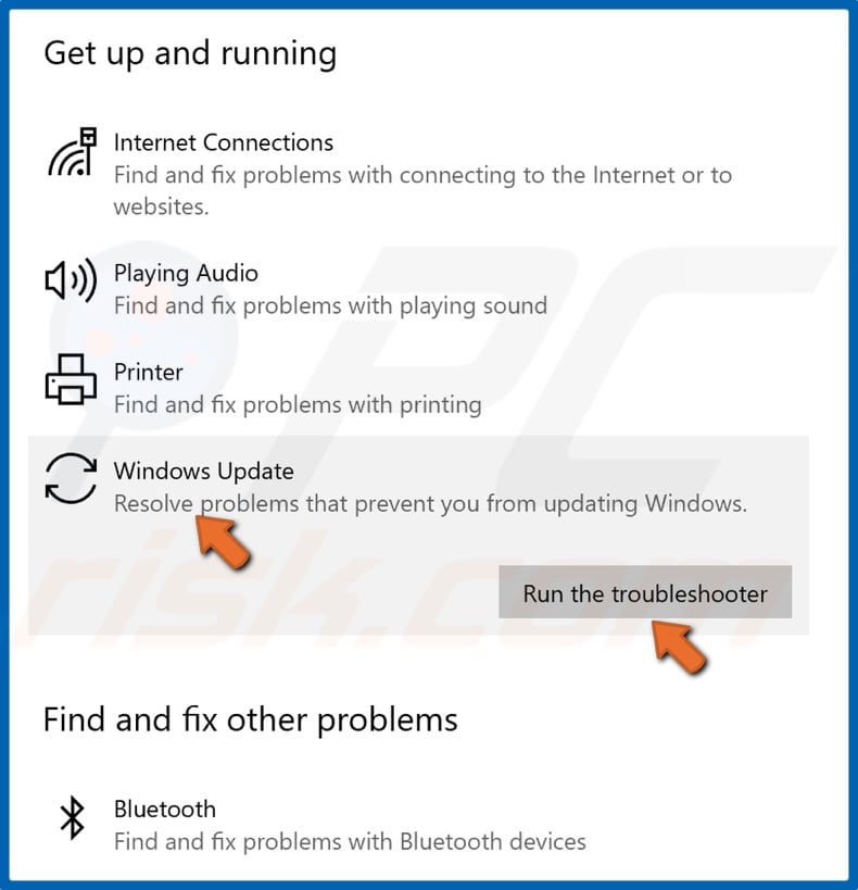 Seleccione a Atualização do Windows e Execute a solução de problemas