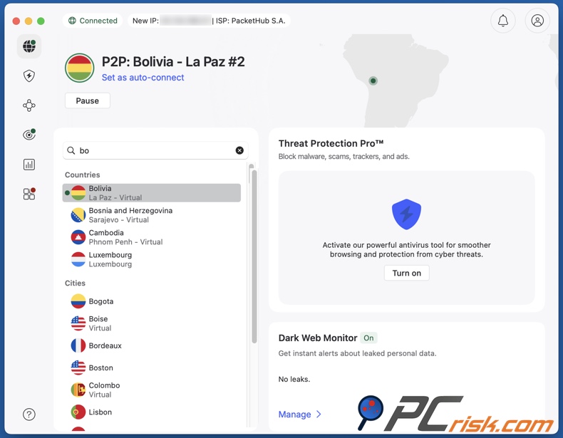 NordVPN ligado à Bolívia