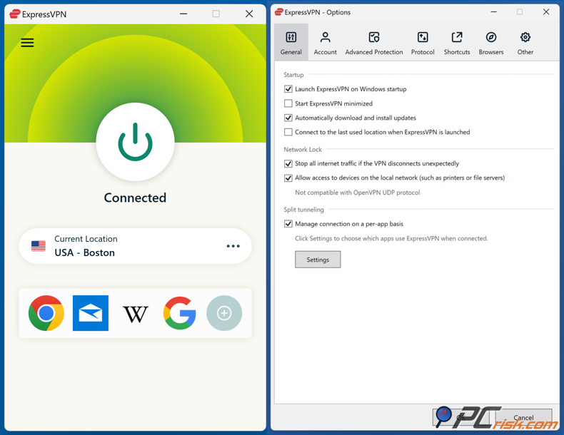 Painel do Express VPN