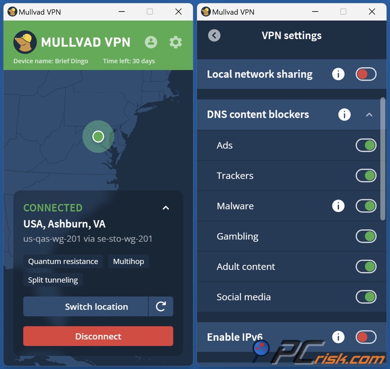 Painel de controlo do Mullvad VPN