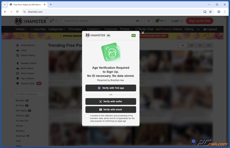 Aviso de verificação de idade do xHamster no Brasil