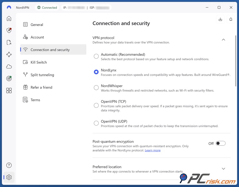 Mudar para o protocolo NordLynx