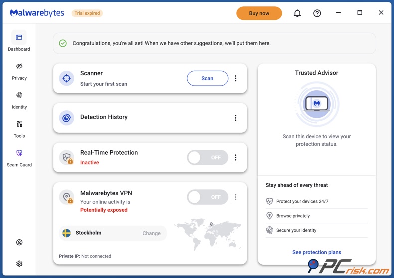 Painel da Malwarebytes