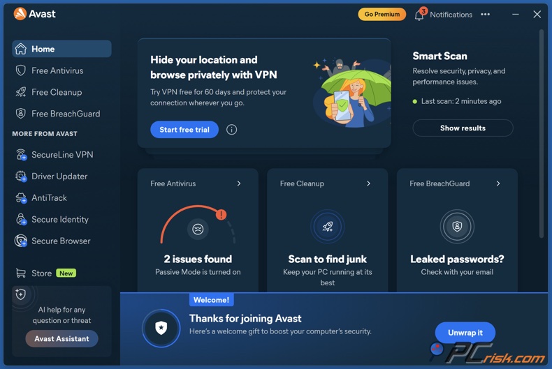 Janela inicial da Avast