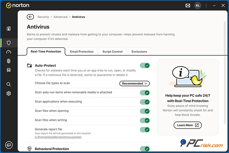 Janela de proteção contra malware do antivírus Norton