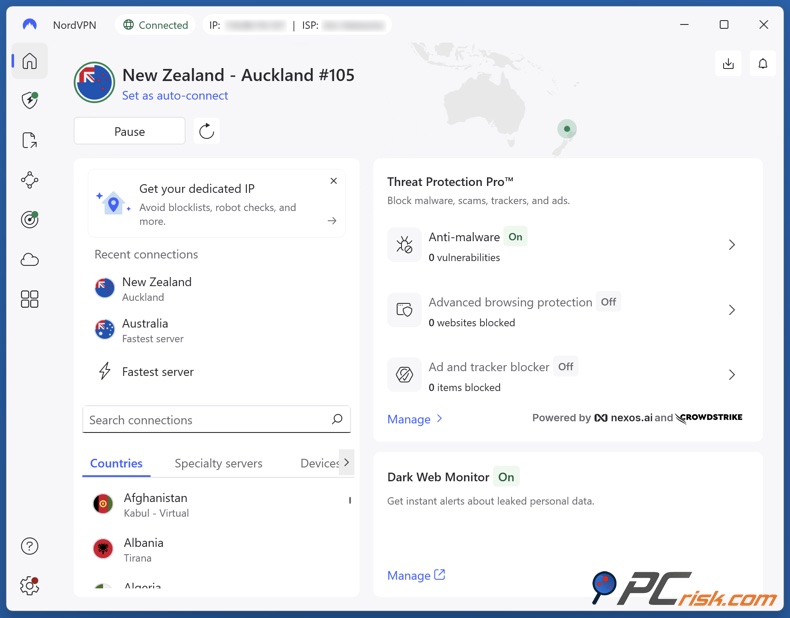 NordVPN ligada à Nova Zelândia