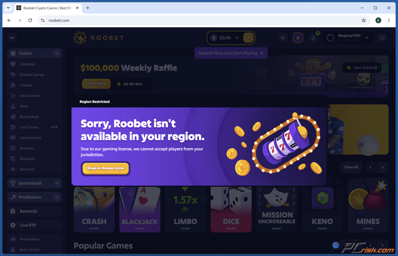Lamentamos, o Roobet não está disponível na sua região