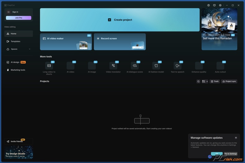 Painel do CapCut para Windows