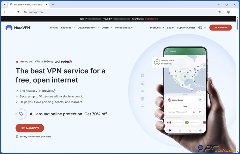 Página inicial do NordVPN