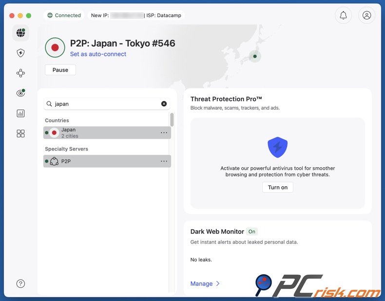 NordVPN ligado ao Japão