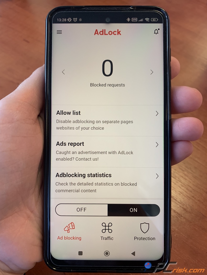 painel de controlo do AdLock no Android