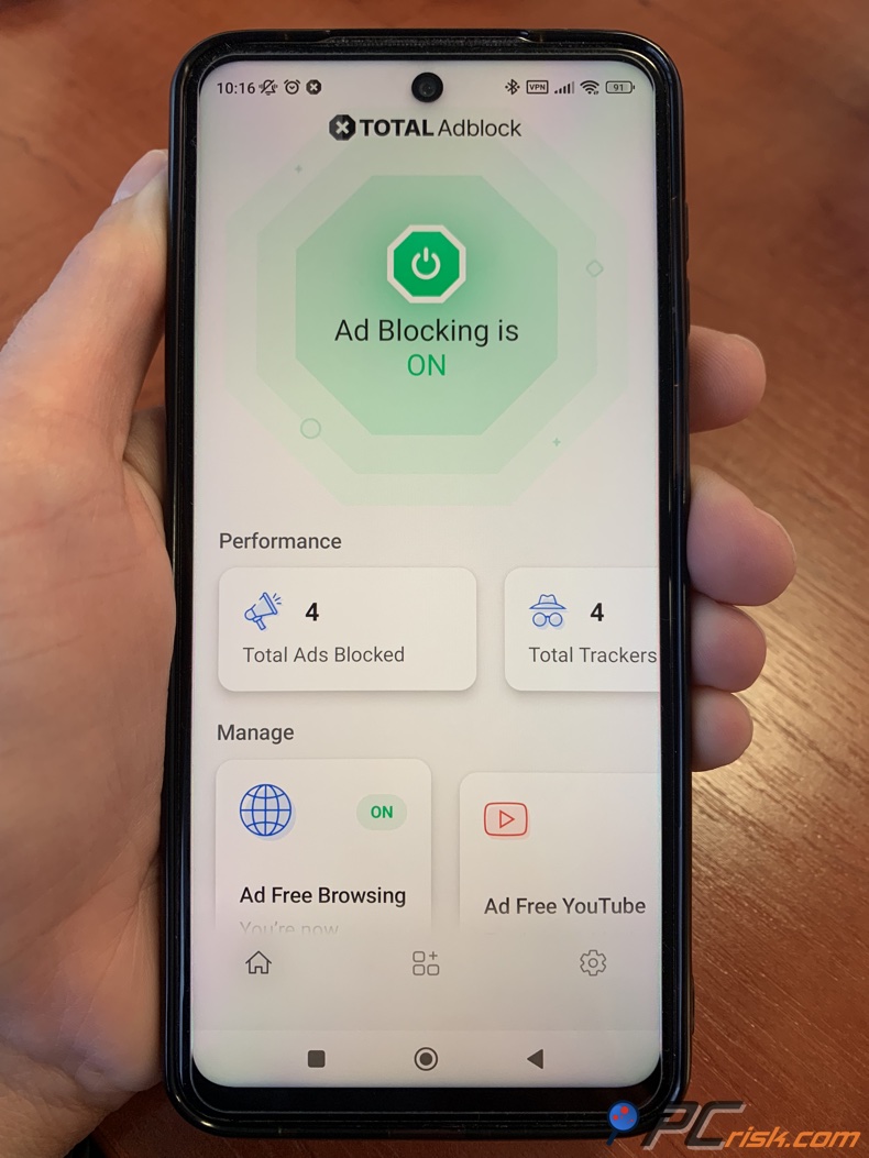 ecrã inicial do Total Adblock no Android