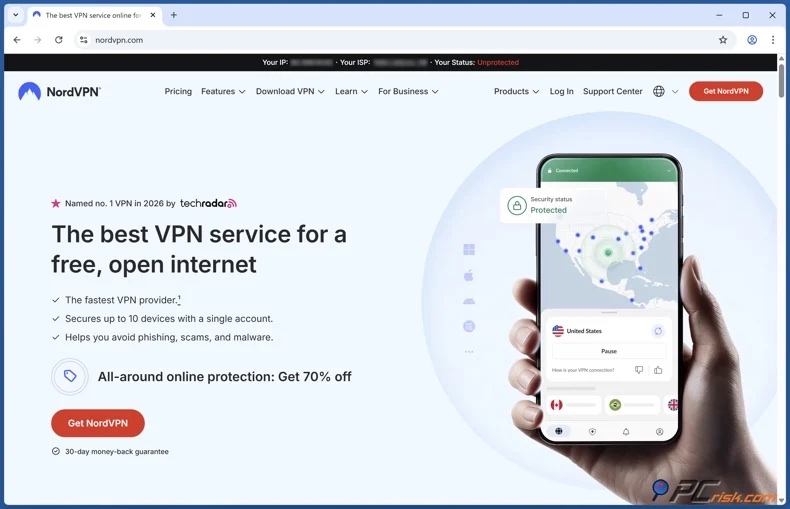 Página inicial da NordVPN