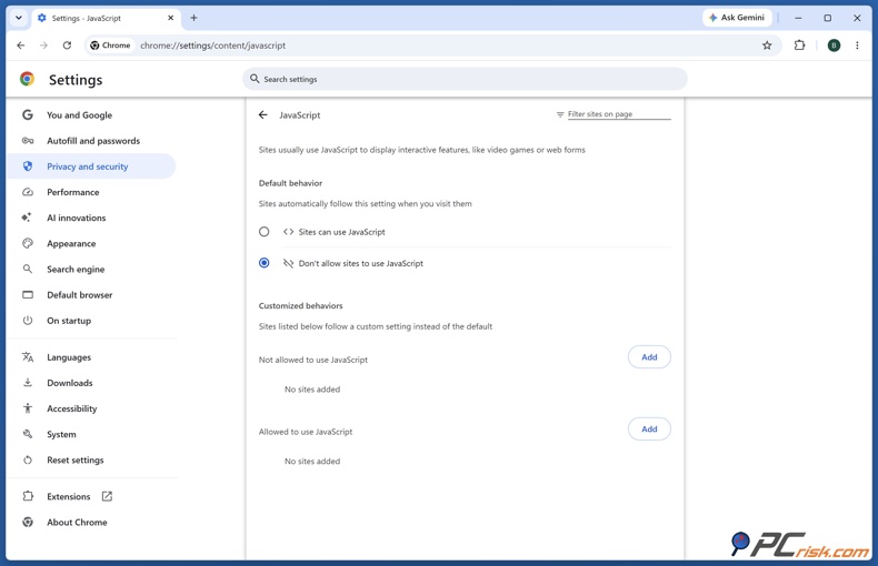 Definições de JavaScript do Chrome