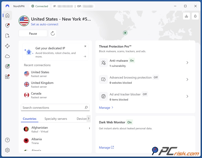 NordVPN conectado a um servidor nos EUA