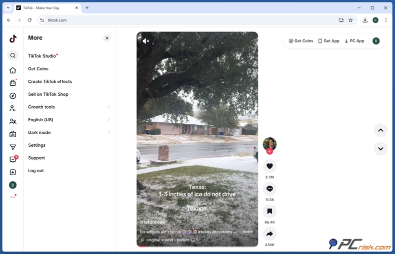 Menu lateral do TikTok e botão Obter moedas