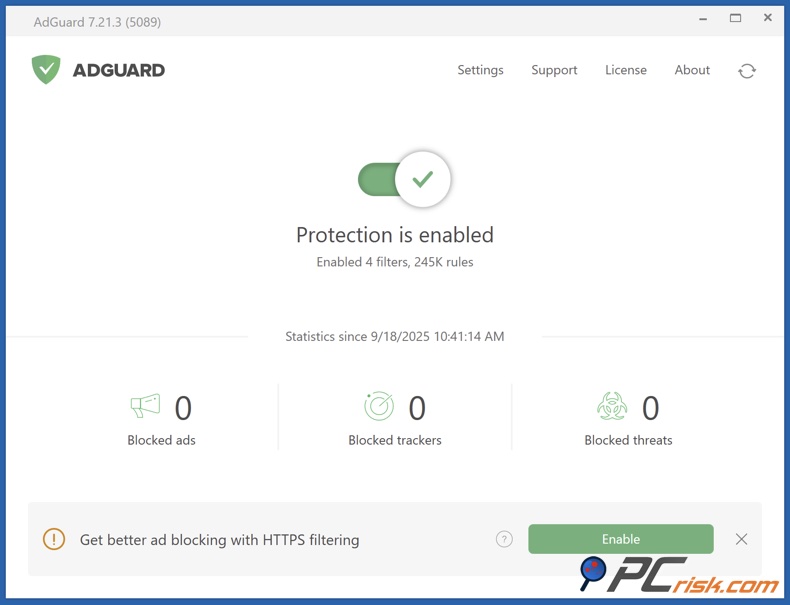 Painel da aplicação AdGuard para Windows