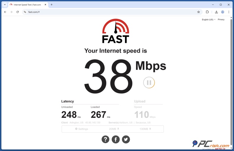 Verifique a localização da VPN em fast.com