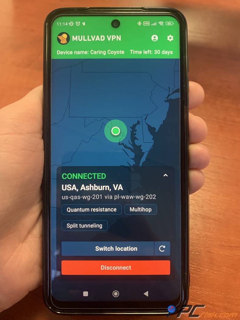 Painel do Mullvad VPN para Android