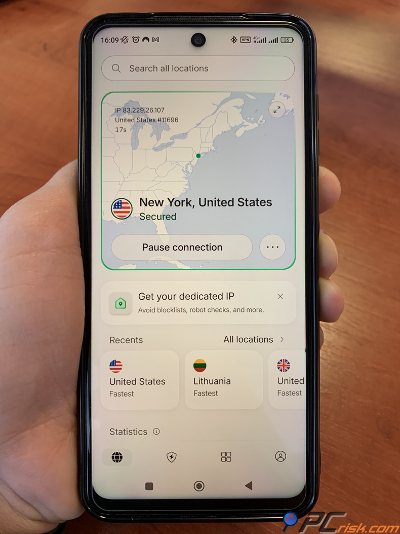 NordVPN ligado a um servidor nos Estados Unidos