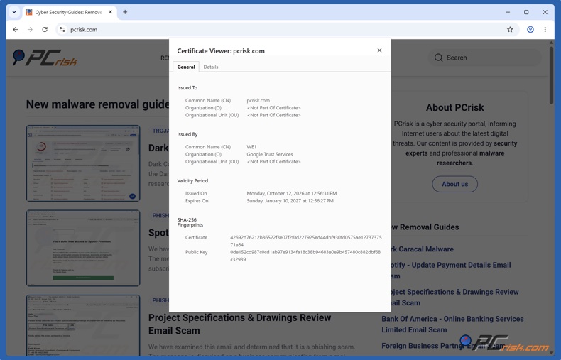 Detalhes do certificado SSL no Chrome