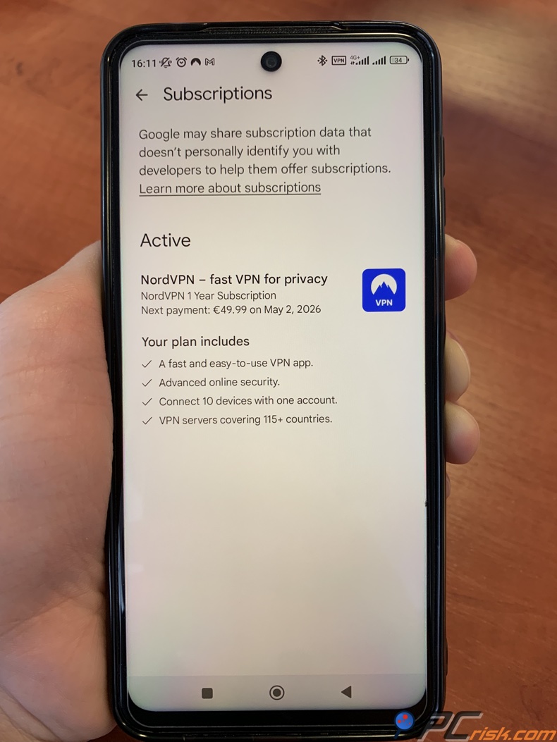 Informações da subscrição do NordVPN na Google Play Store