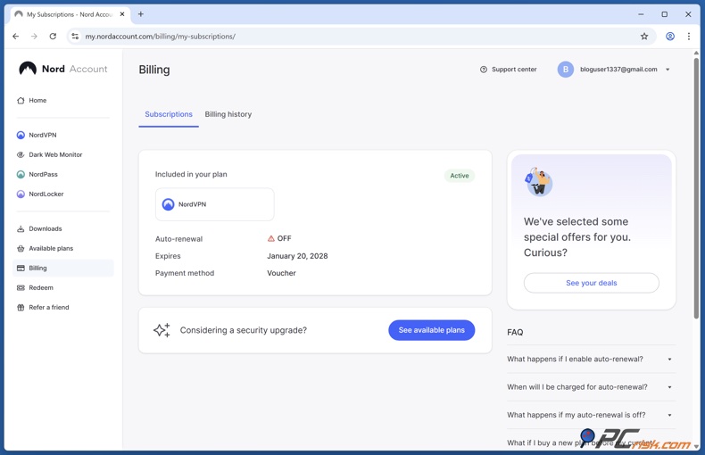 Secção de faturação do painel do NordVPN