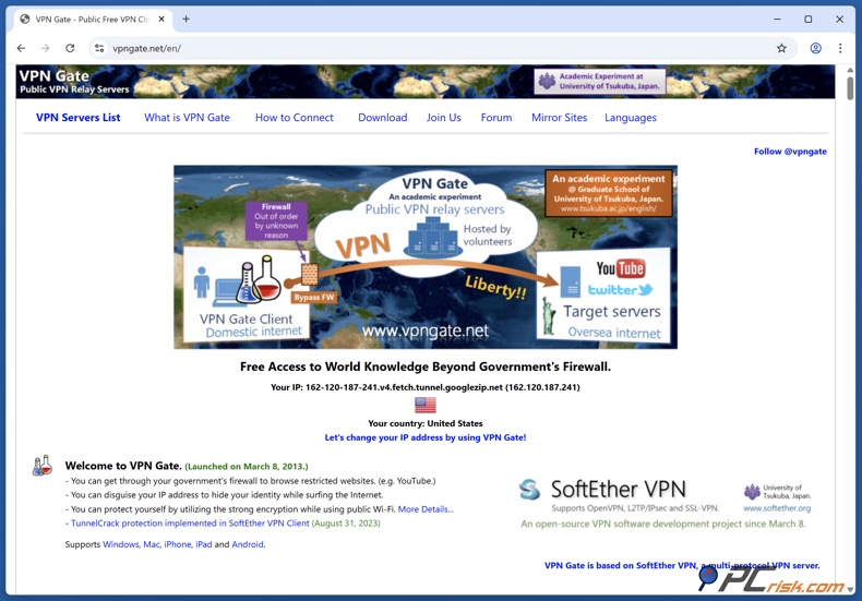 Página inicial do VPN Gate
