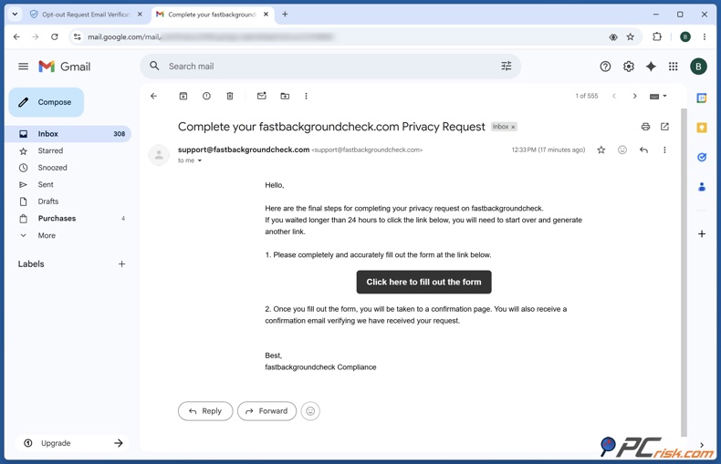 E-mail de verificação do FastBackgroundCheck