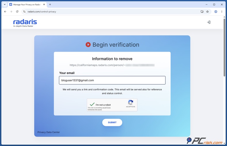 Verificação de e-mail do Radaris