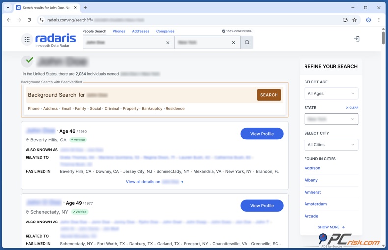 Resultados de pesquisa de perfil do Radaris