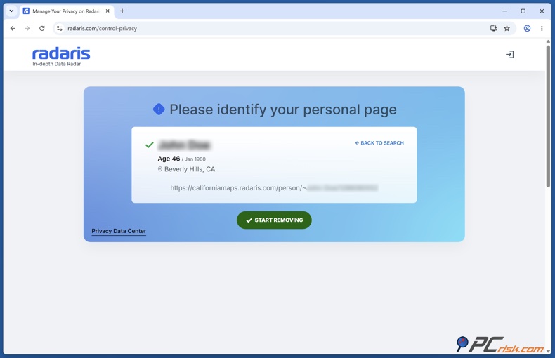 Identificação da página pessoal do Radaris