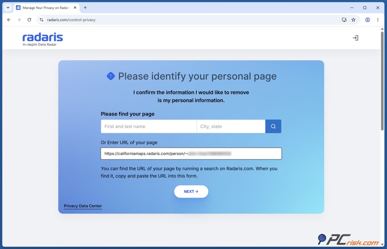 URL da página pessoal do Radaris