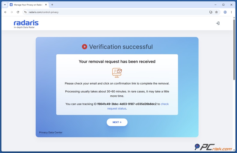 Verificação do Radaris bem-sucedida