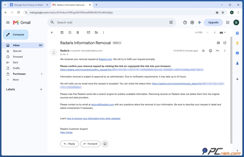 E-mail de verificação do Radaris