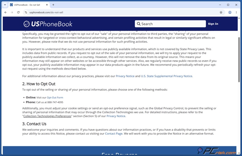 Formulário de cancelamento de subscrição do USPhoneBook