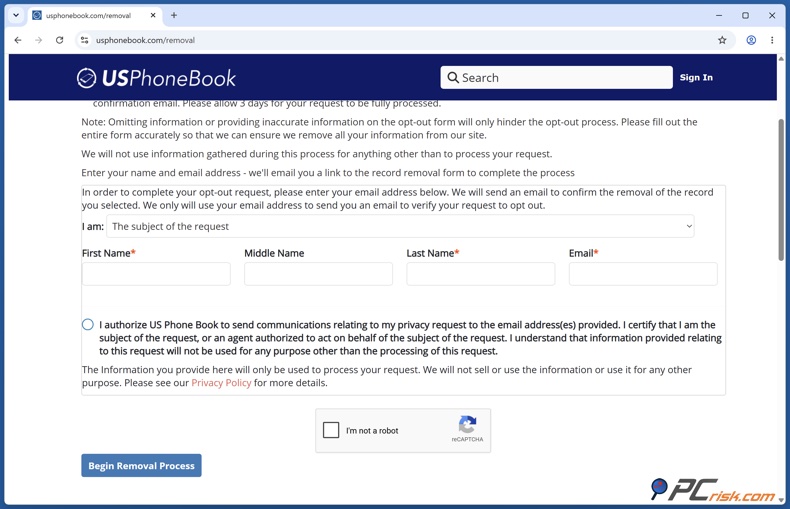 Formulário parcial do USPhoneBook