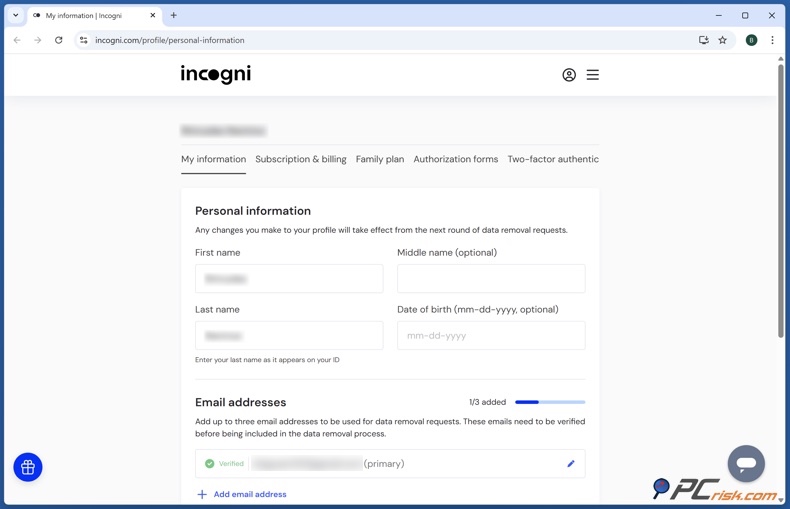 Informações pessoais do Incogni
