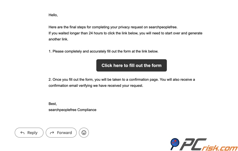 E-mail de exclusão do SearchPeopleFREE