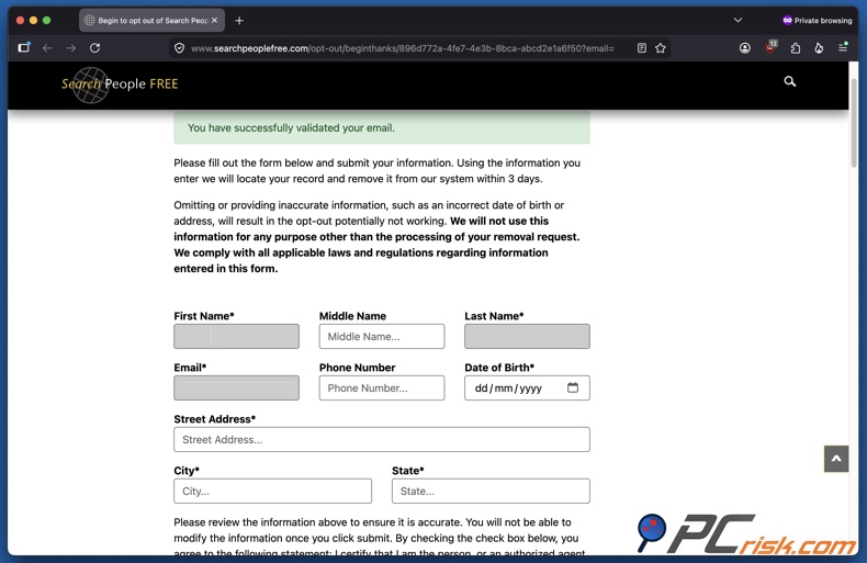 Formulário de exclusão do SearchPeopleFREE
