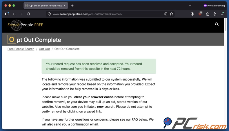 Pedido de exclusão do SearchPeopleFREE aceite