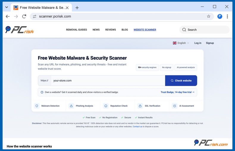 PCrisk Website Scanner a analisar uma loja