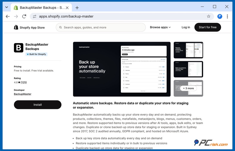 Aplicação de cópias de segurança na Shopify App Store
