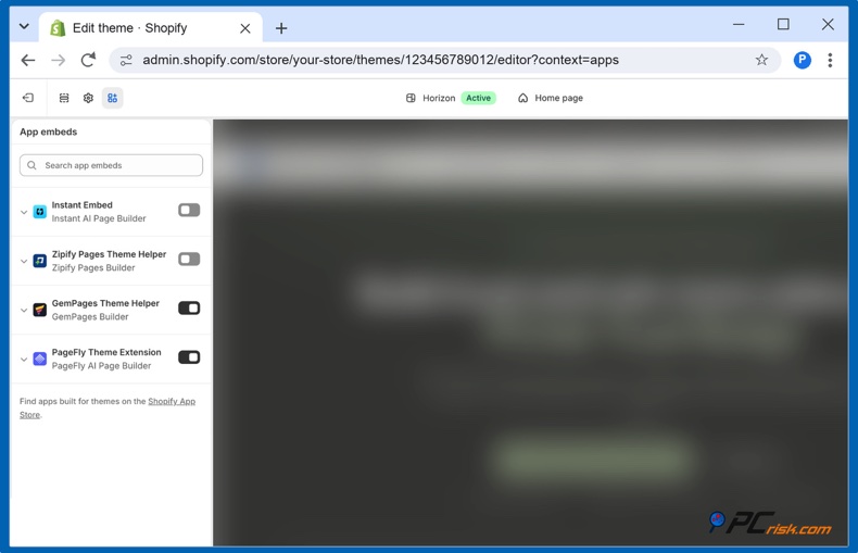 Incorporações no editor de temas da Shopify