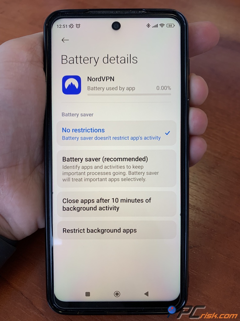 Disable battery saver for NordVPN on Android