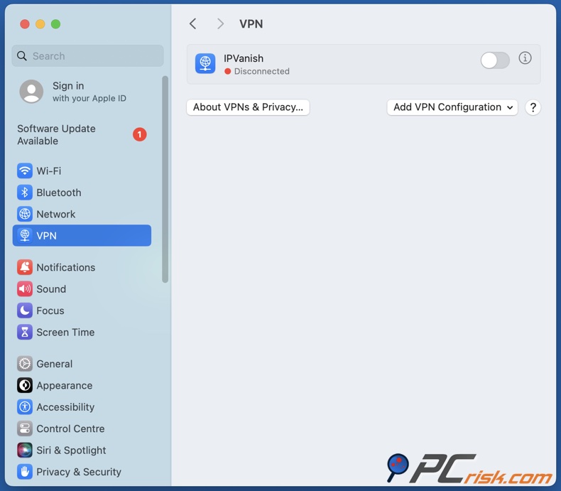 macOS VPN configuration menu