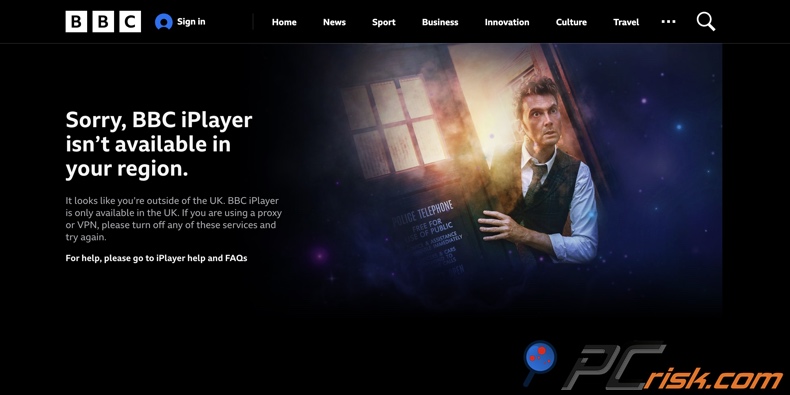 Mensagem do BBC iPlayer de indisponibilidade na sua região