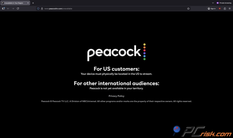 Página inicial da Peacock indisponível