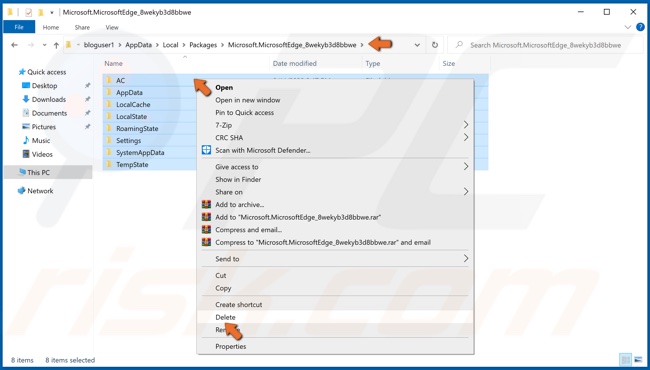 Clique com o botão direito em todos os ficheiros do Microsoft Edge em Appdata e clique em Excluir