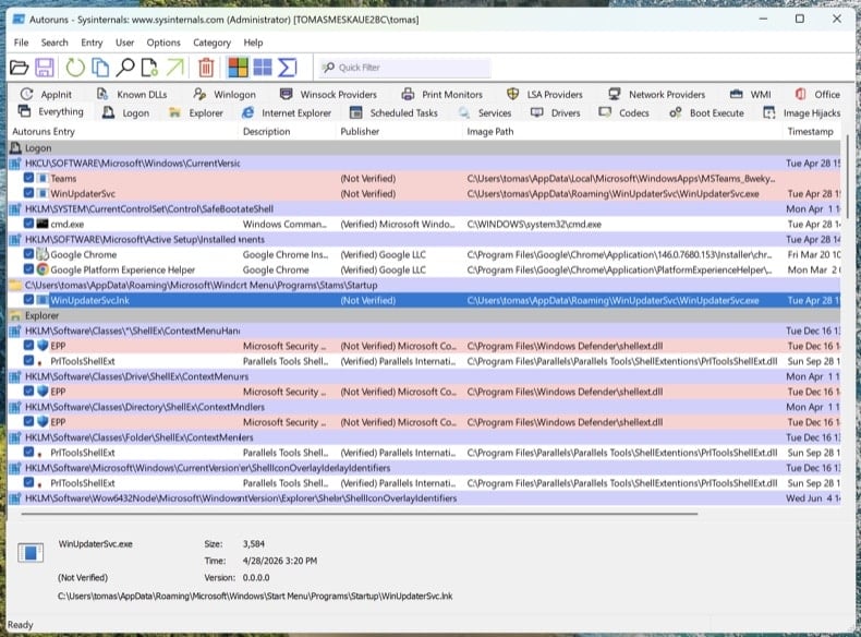 Autoruns 14.x com a opção Hide Microsoft Entries ativada a mostrar os separadores Logon e Scheduled Tasks